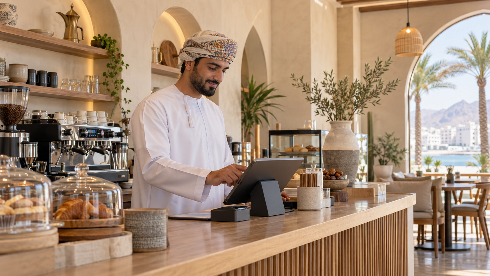 Cafe owner using a tablet at the counter
